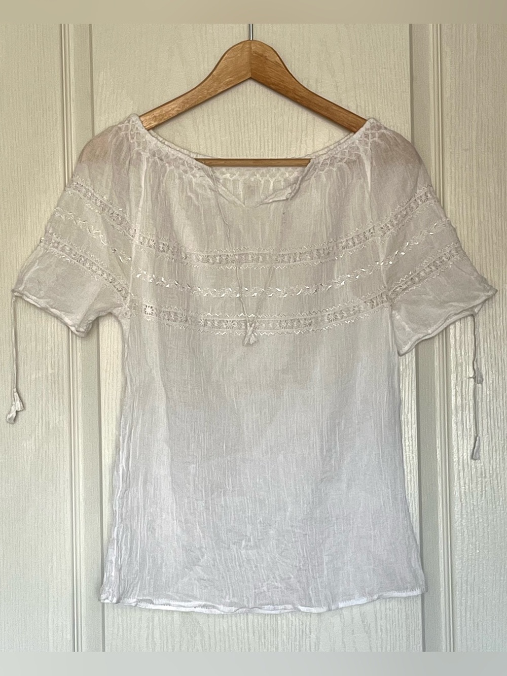 Boho White Cotton Gauze Peasant Blouse Lace Trim Size S Romantic Shabby Chic - Picture 3 of 15